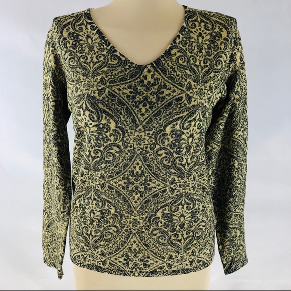 Top sweater Black Golden threaded patterns  V-neck Long Sleeve Pierri New York - Picture 1 of 7